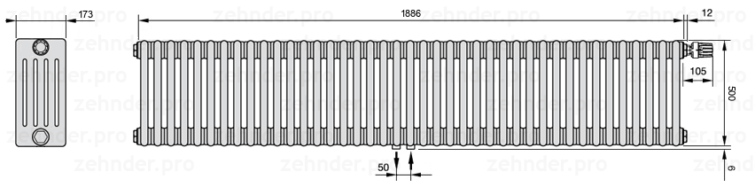 Схема (чертеж) Радиатор Zehnder Charleston 5050/41 №V008 Белый глянцевый RAL 9016